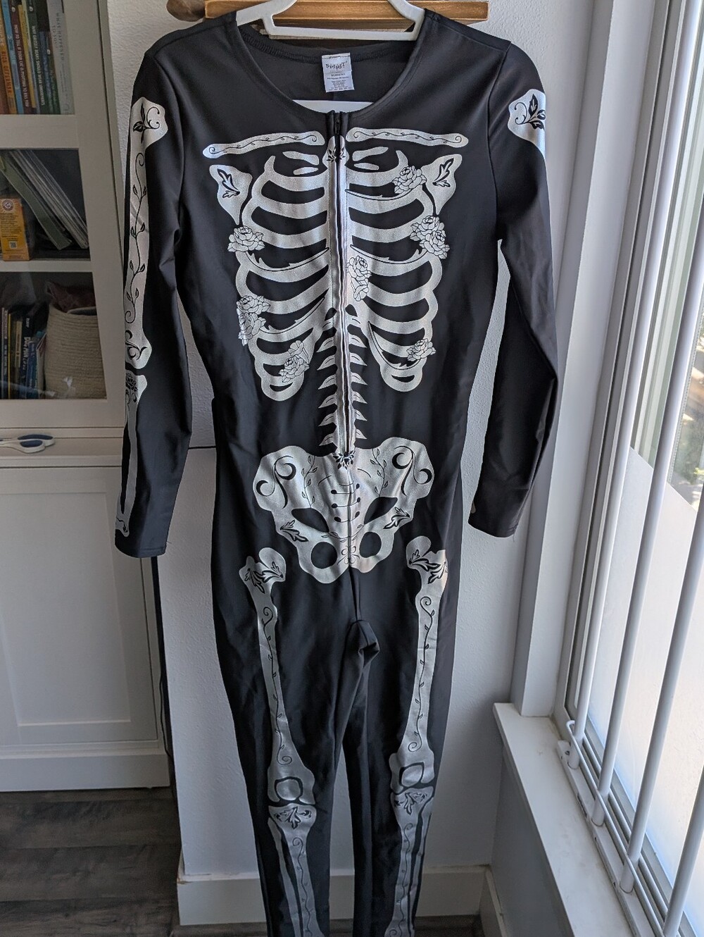 Spirit Halloween Metallic Silver Floral Skeleton Jumpsuit Catsuit Medium NWOT
